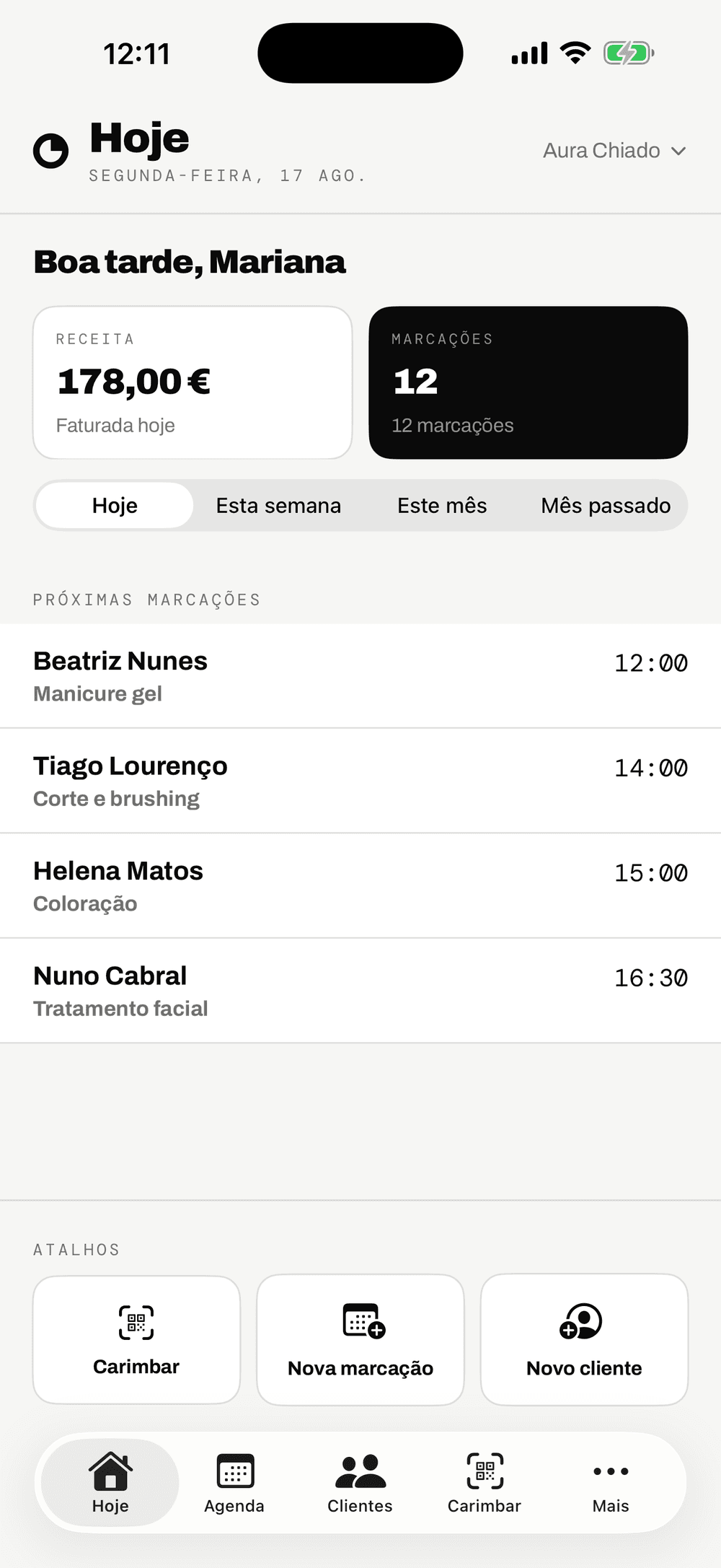 ORAS no iPhone: receita faturada, marcações do dia e as próximas horas