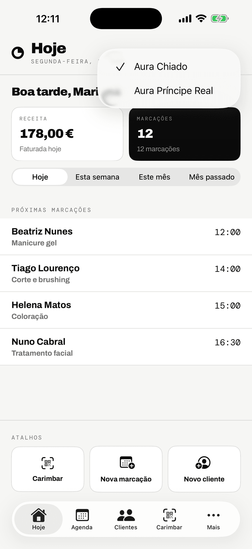 Menu de lojas aberto no cabeçalho da app ORAS
