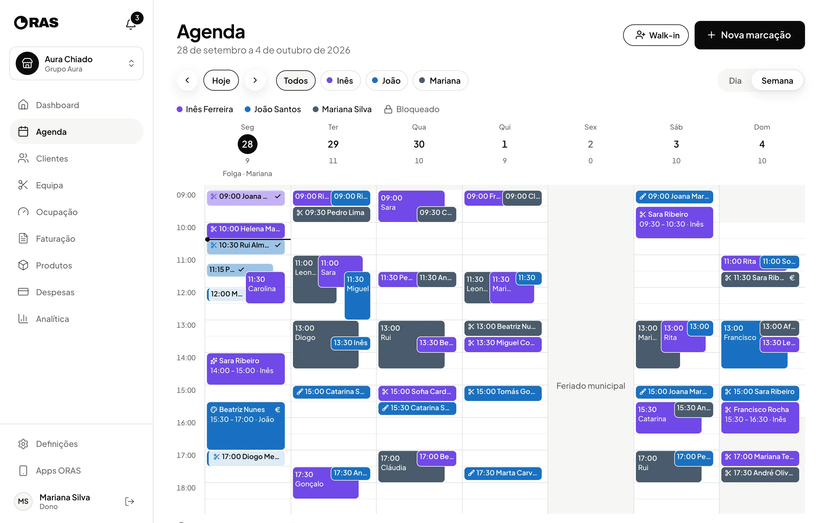 Agenda semanal do ORAS: todos os profissionais na mesma grelha, cada um na sua cor