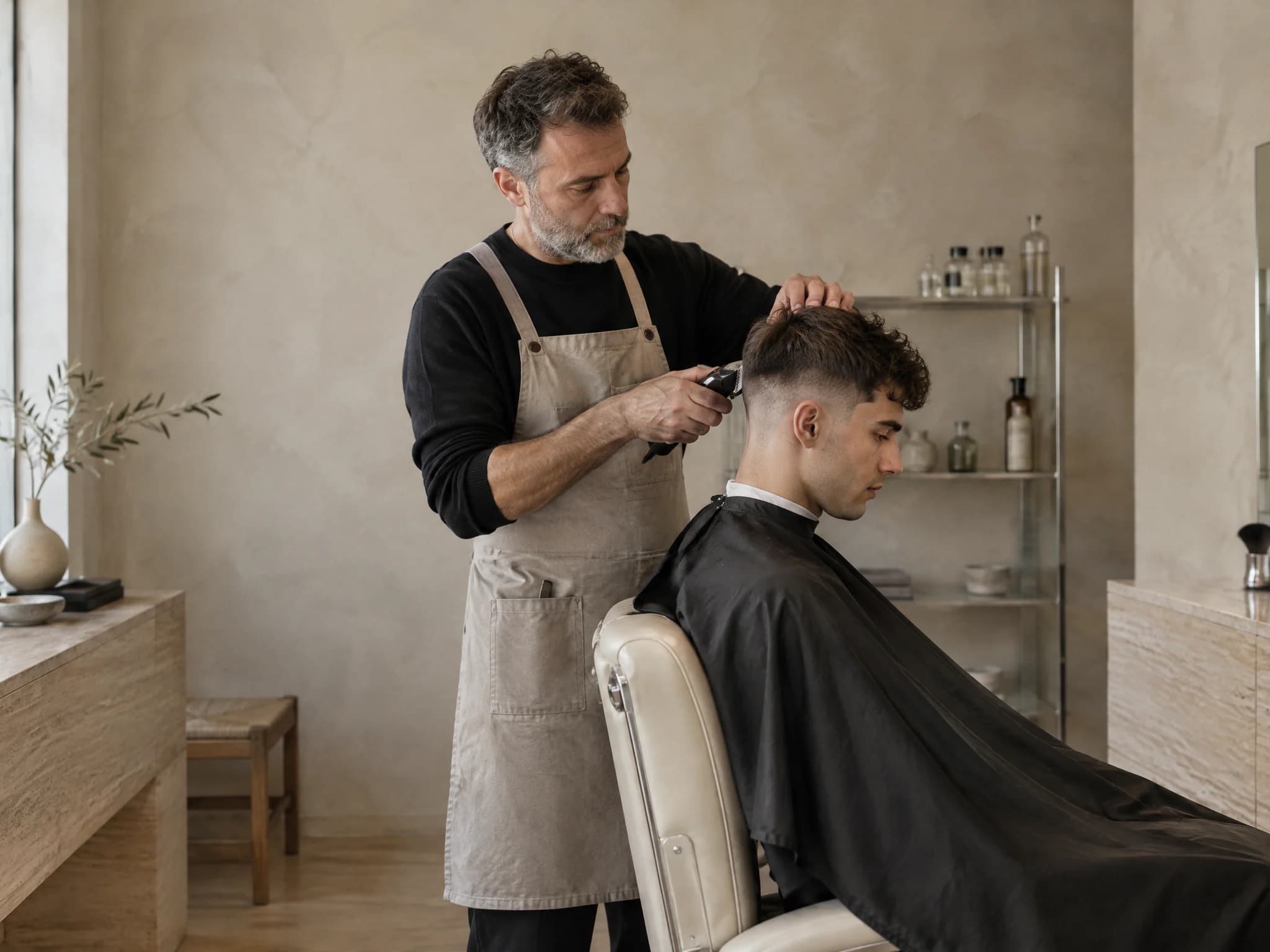 Barbeiro de avental bege a aparar o cabelo de um jovem com a máquina