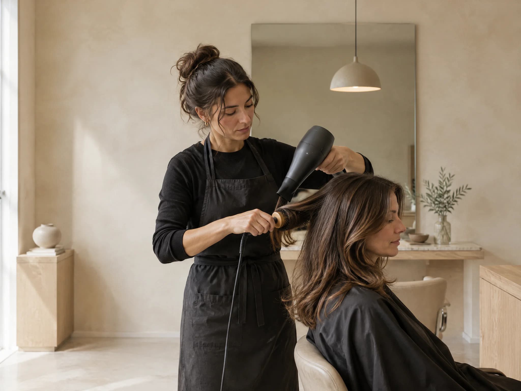 Cabeleireira de avental preto a secar o cabelo castanho comprido de uma cliente com escova redonda