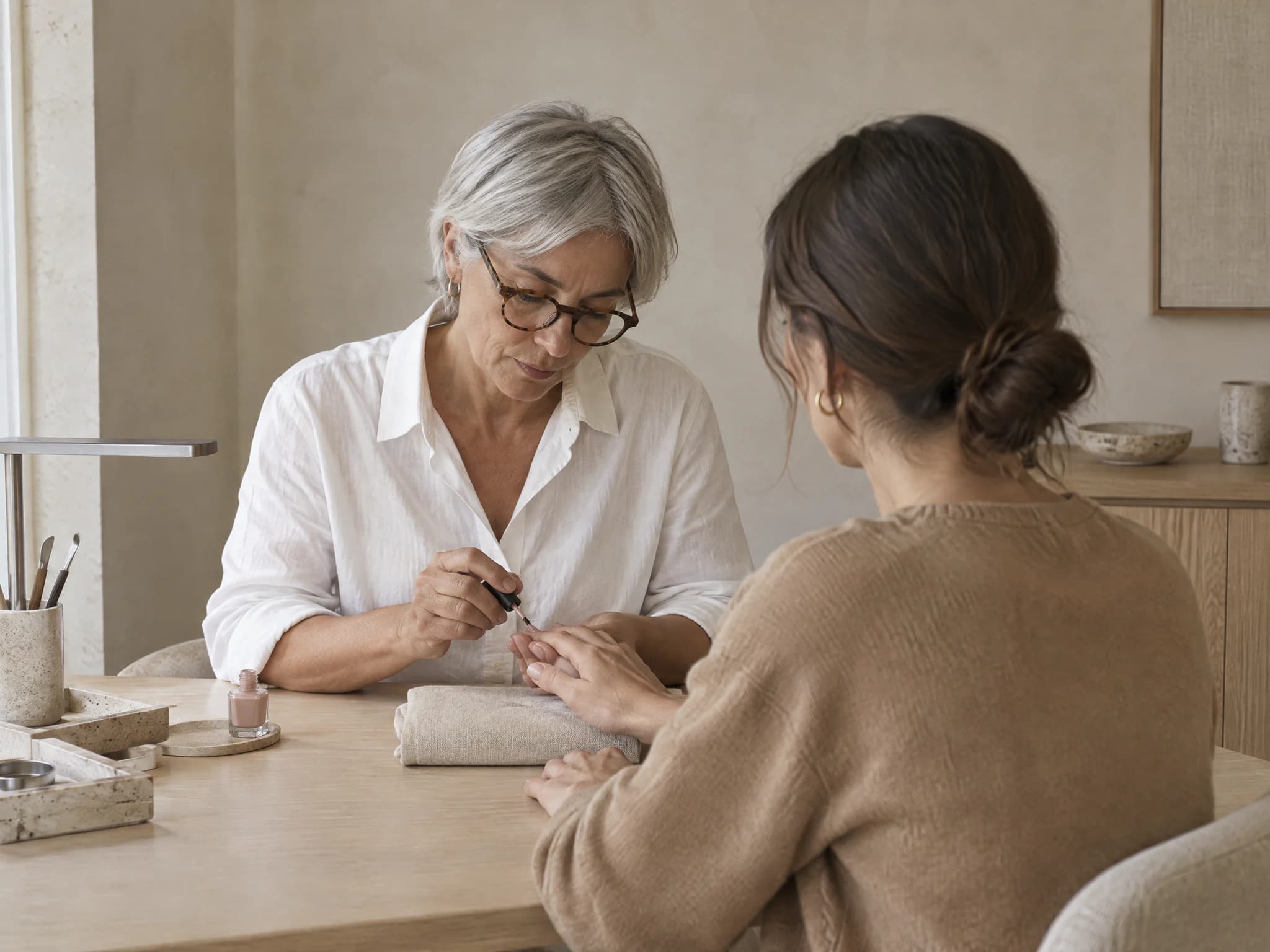 Mulher de cabelo grisalho e óculos a pintar as unhas de uma cliente numa mesa de madeira