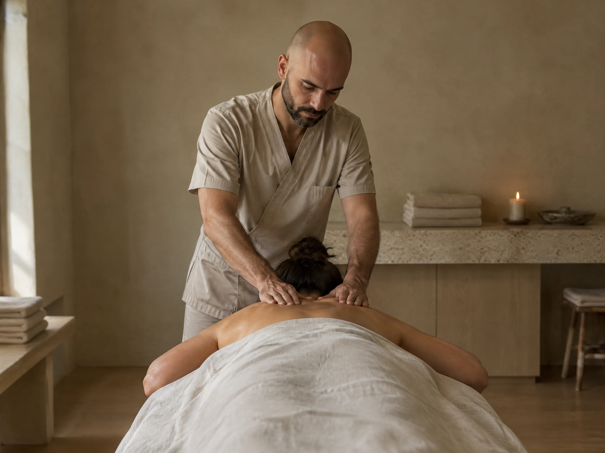 Homem de túnica bege a fazer massagem nas costas a uma cliente deitada de barriga para baixo