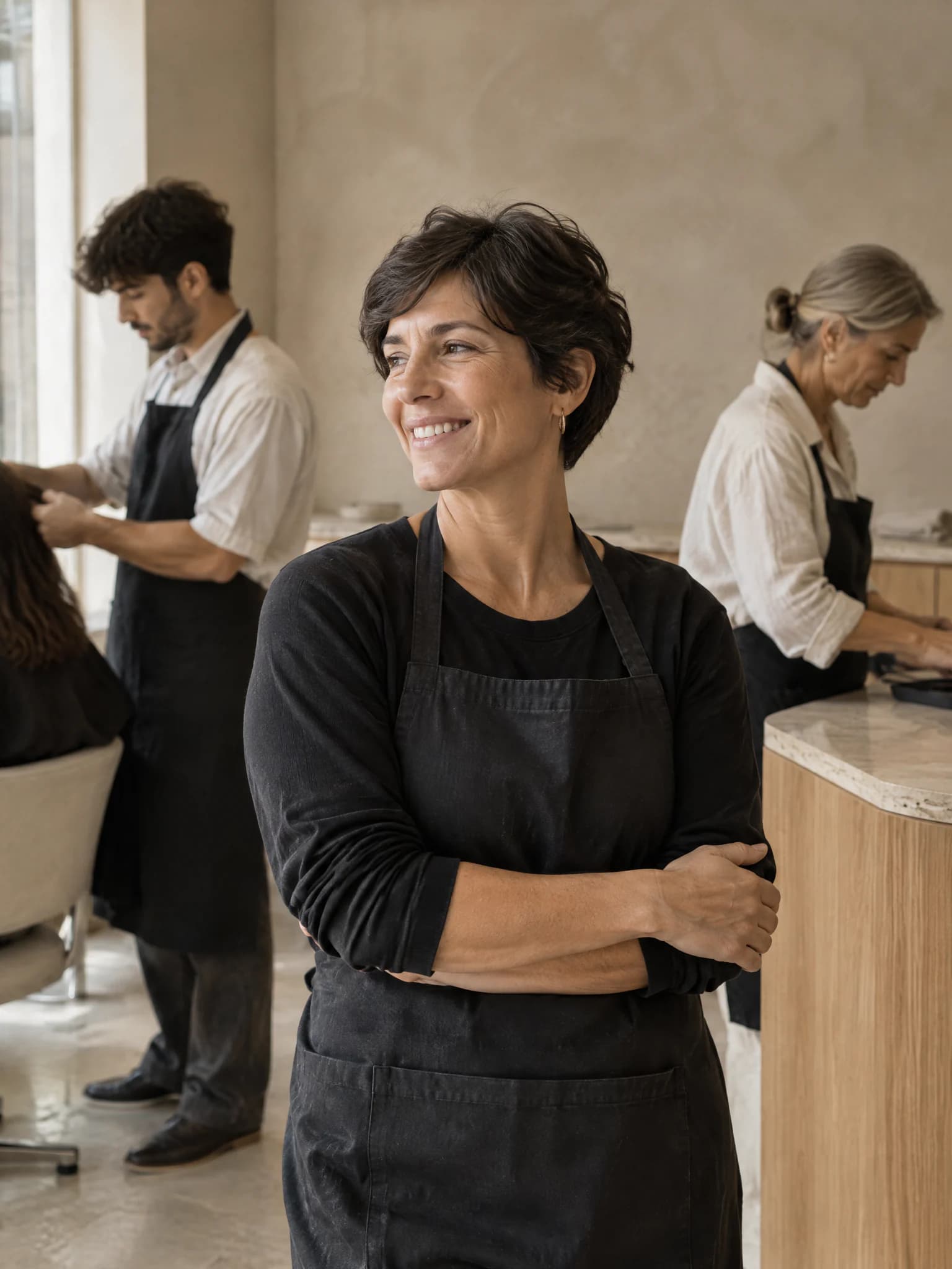 Mulher sorridente de avental preto, de braços cruzados, com duas pessoas a trabalhar ao fundo