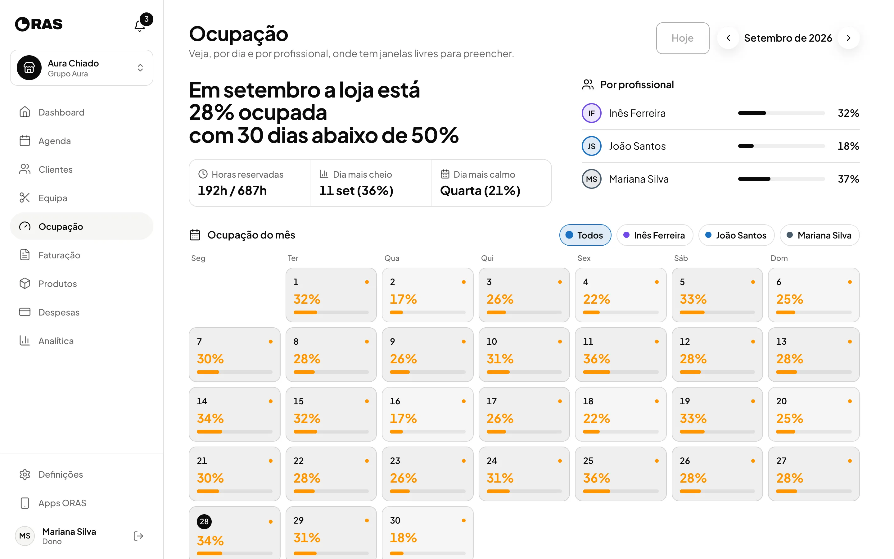Ocupação mensal no ORAS, com a percentagem ocupada de cada dia e de cada profissional