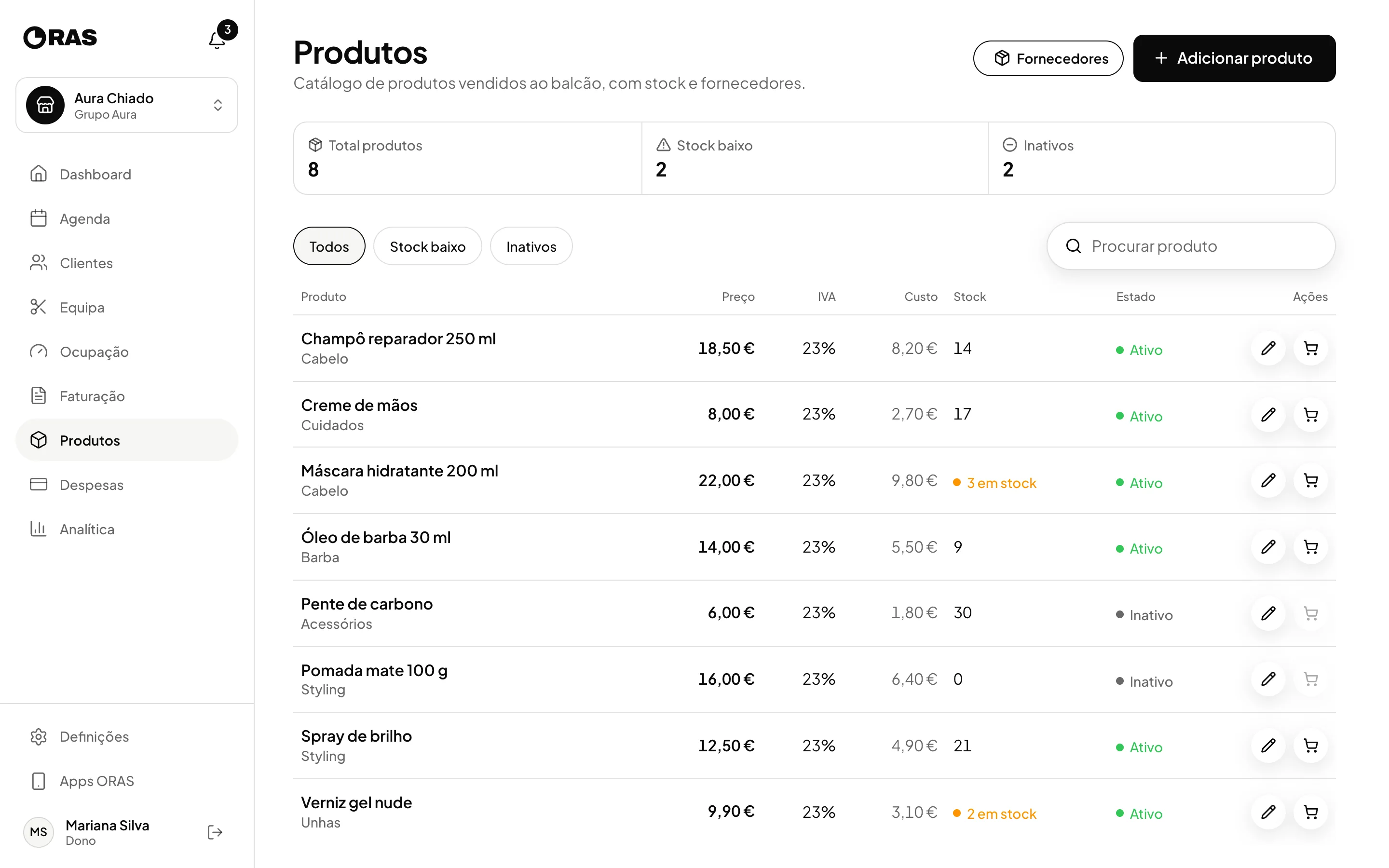 Produtos no ORAS com o stock de cada um