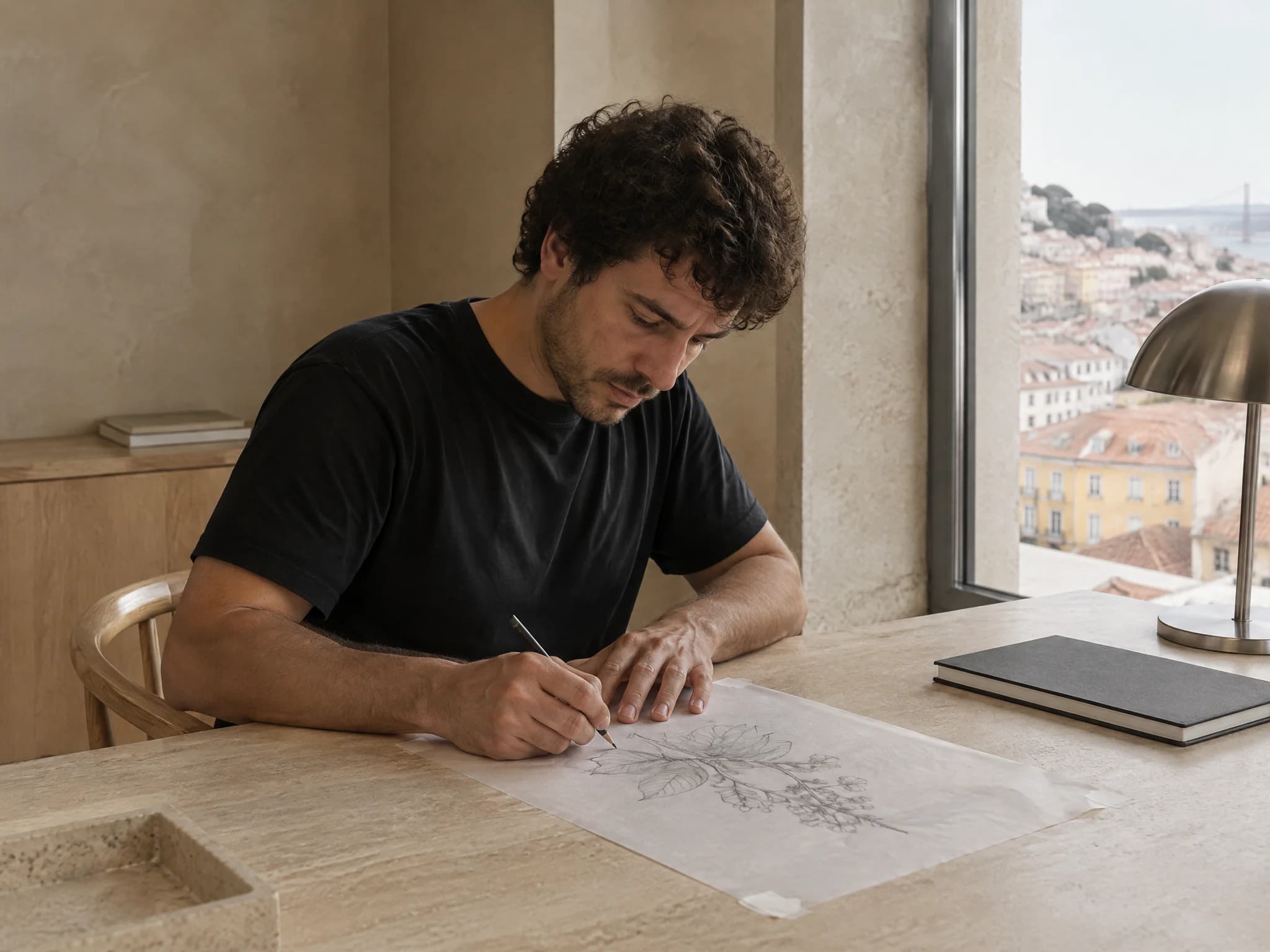 Homem de t-shirt preta a desenhar uma planta a lápis junto a uma janela