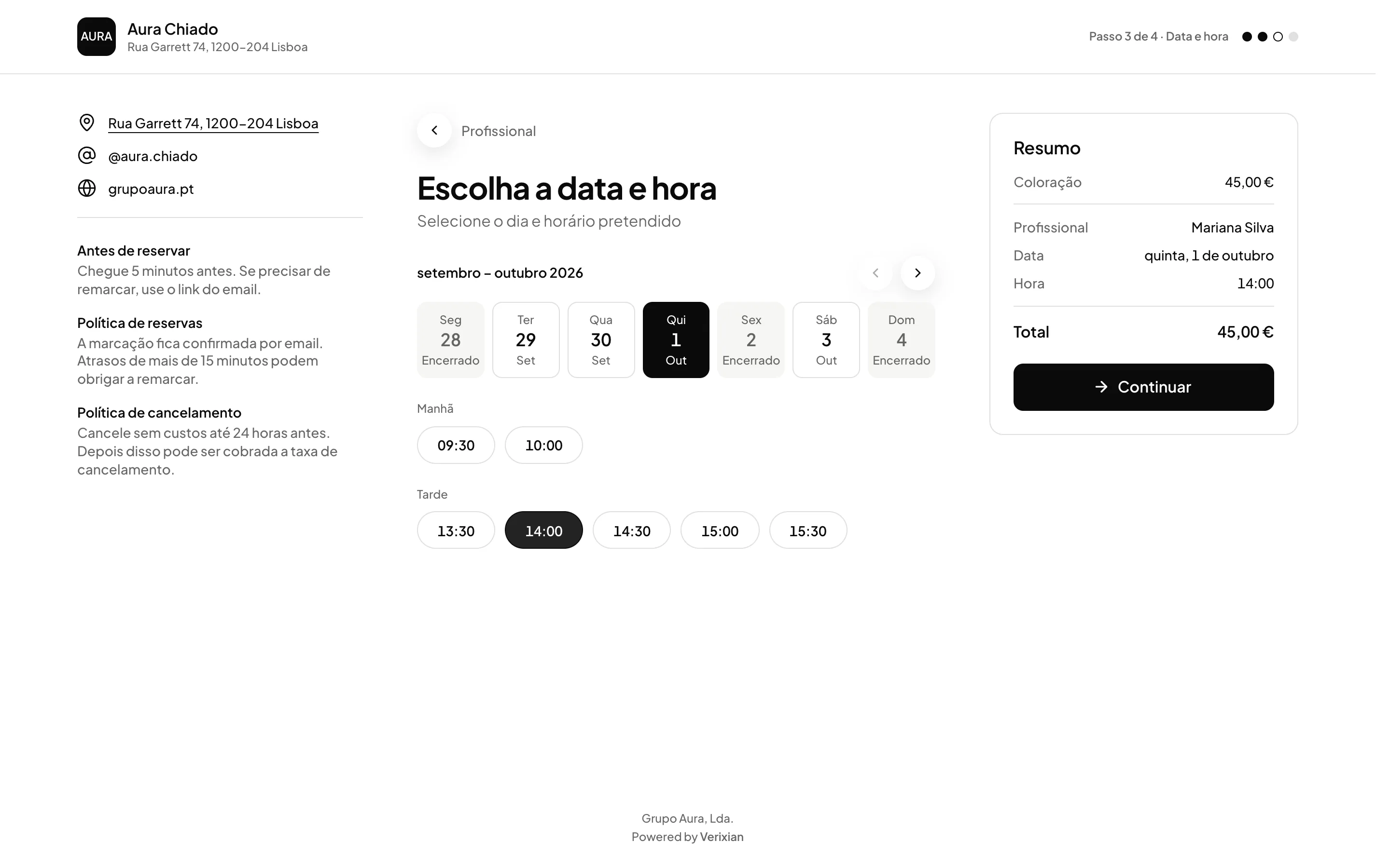 Página de reservas do ORAS no computador: Coloração com a Mariana, quinta às 14:00, no resumo